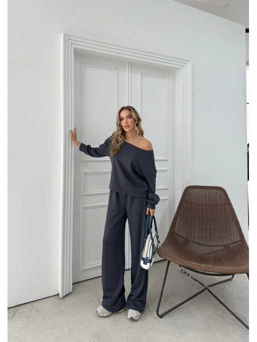 SALAŞ DÜŞÜK OMUZ BLUZ VE PANTOLONLU MODAL İKİLİ TAKIM ANTRASİT FRG-6011