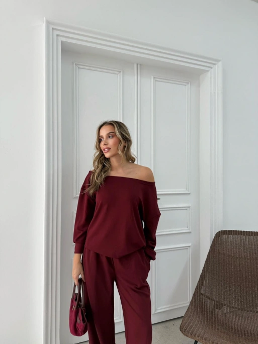 SALAŞ DÜŞÜK OMUZ BLUZ VE PANTOLONLU MODAL İKİLİ TAKIM BORDO FRG-6011