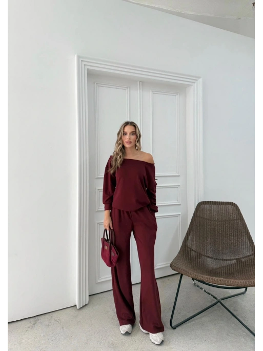 SALAŞ DÜŞÜK OMUZ BLUZ VE PANTOLONLU MODAL İKİLİ TAKIM BORDO FRG-6011