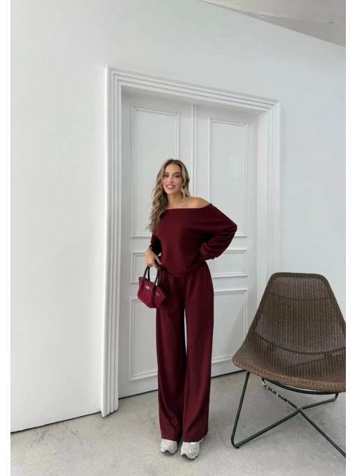 SALAŞ DÜŞÜK OMUZ BLUZ VE PANTOLONLU MODAL İKİLİ TAKIM BORDO FRG-6011