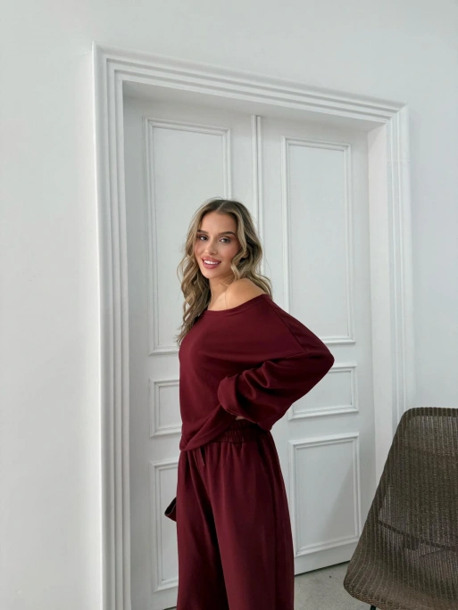 SALAŞ DÜŞÜK OMUZ BLUZ VE PANTOLONLU MODAL İKİLİ TAKIM BORDO FRG-6011