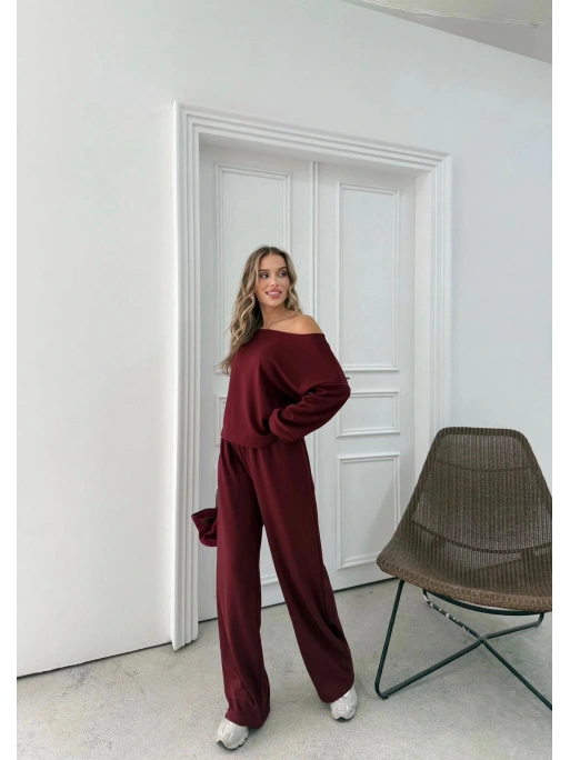 SALAŞ DÜŞÜK OMUZ BLUZ VE PANTOLONLU MODAL İKİLİ TAKIM BORDO FRG-6011