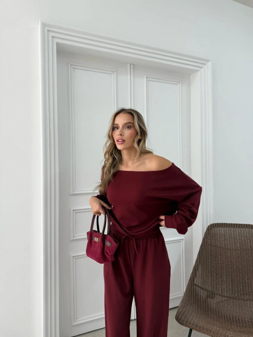 SALAŞ DÜŞÜK OMUZ BLUZ VE PANTOLONLU MODAL İKİLİ TAKIM BORDO FRG-6011