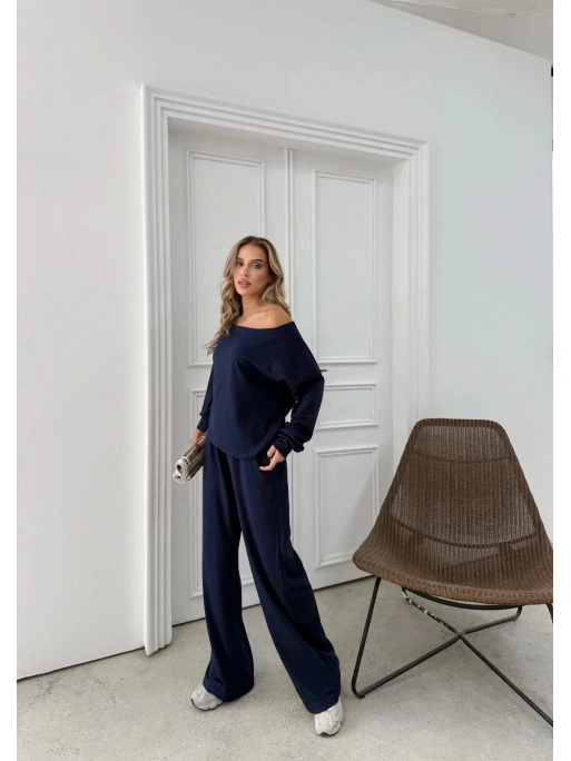 SALAŞ DÜŞÜK OMUZ BLUZ VE PANTOLONLU MODAL İKİLİ TAKIM LACİVERT FRG-6011