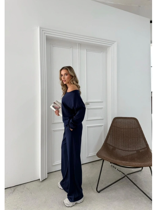 SALAŞ DÜŞÜK OMUZ BLUZ VE PANTOLONLU MODAL İKİLİ TAKIM LACİVERT FRG-6011