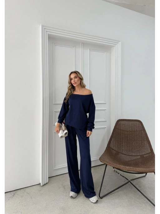 SALAŞ DÜŞÜK OMUZ BLUZ VE PANTOLONLU MODAL İKİLİ TAKIM LACİVERT FRG-6011