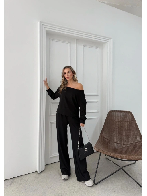 SALAŞ DÜŞÜK OMUZ BLUZ VE PANTOLONLU MODAL İKİLİ TAKIM SİYAH FRG-6011