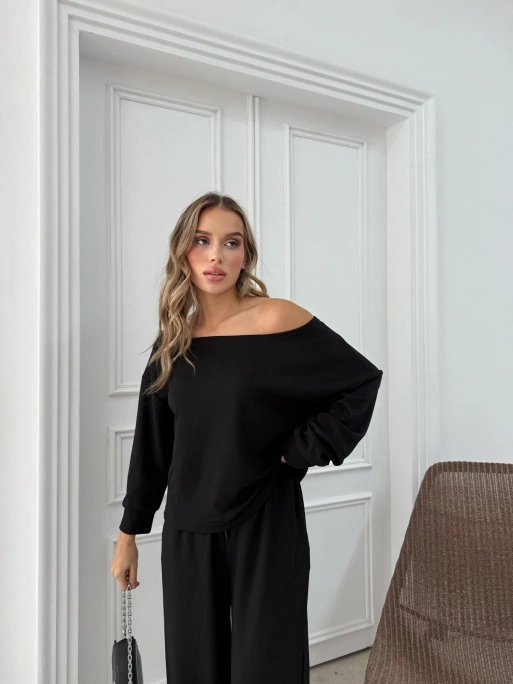 SALAŞ DÜŞÜK OMUZ BLUZ VE PANTOLONLU MODAL İKİLİ TAKIM SİYAH FRG-6011