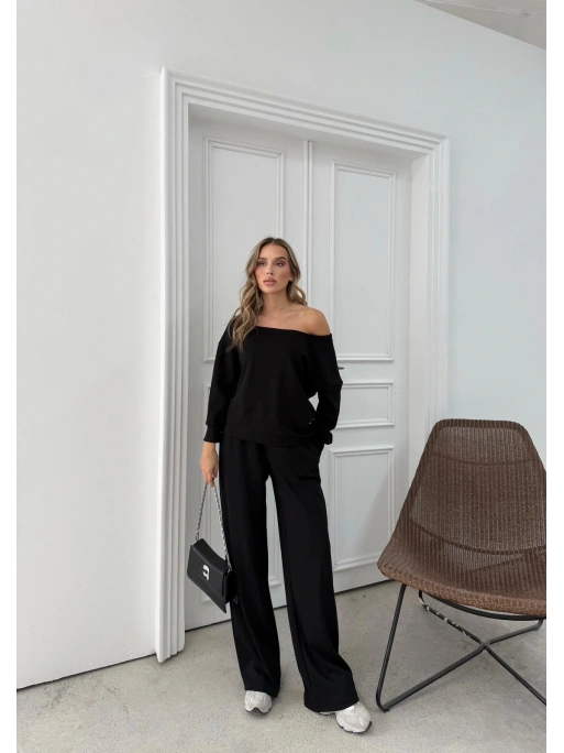 SALAŞ DÜŞÜK OMUZ BLUZ VE PANTOLONLU MODAL İKİLİ TAKIM SİYAH FRG-6011