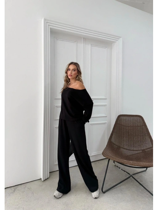 SALAŞ DÜŞÜK OMUZ BLUZ VE PANTOLONLU MODAL İKİLİ TAKIM SİYAH FRG-6011