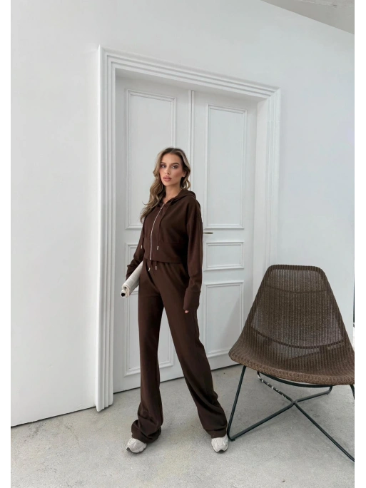 SELANİK KUMAŞ FERMUARLI KAPÜŞONLU HIRKA VE PANTOLONLU İKİLİ TAKIM KAHVE MNS-3010