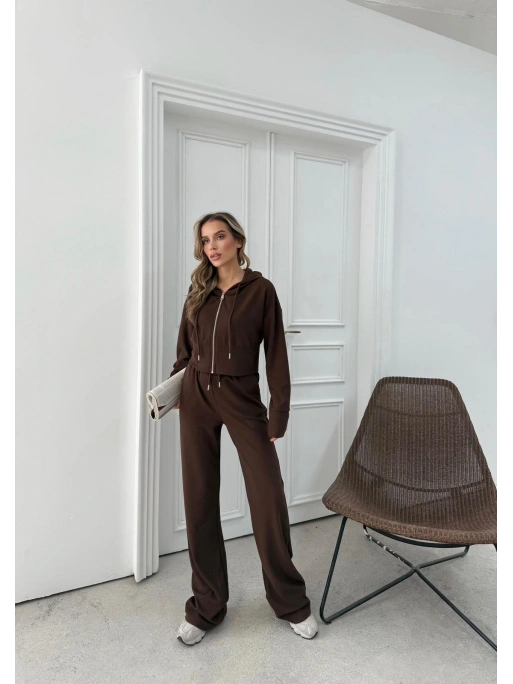 SELANİK KUMAŞ FERMUARLI KAPÜŞONLU HIRKA VE PANTOLONLU İKİLİ TAKIM KAHVE MNS-3010