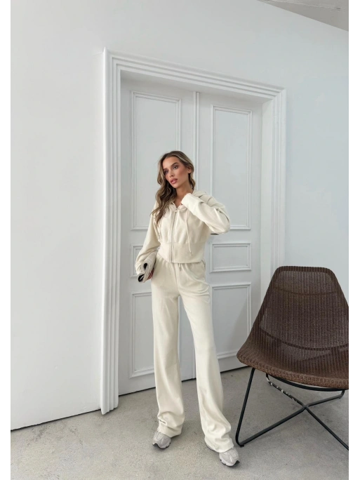 SELANİK KUMAŞ FERMUARLI KAPÜŞONLU HIRKA VE PANTOLONLU İKİLİ TAKIM KREM MNS-3010