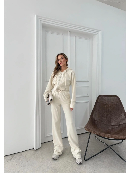 SELANİK KUMAŞ FERMUARLI KAPÜŞONLU HIRKA VE PANTOLONLU İKİLİ TAKIM KREM MNS-3010