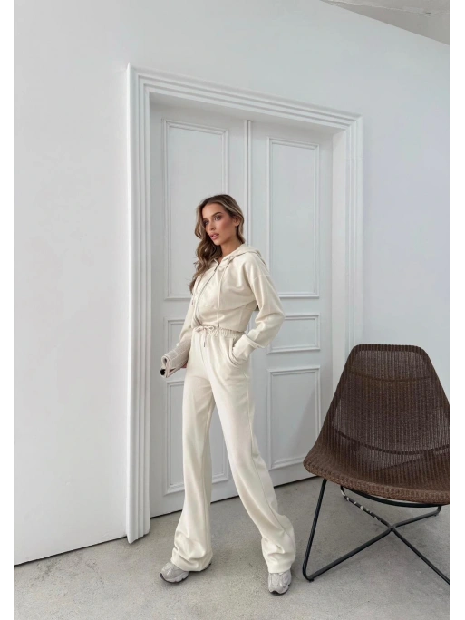 SELANİK KUMAŞ FERMUARLI KAPÜŞONLU HIRKA VE PANTOLONLU İKİLİ TAKIM KREM MNS-3010