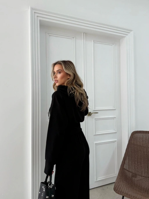 SELANİK KUMAŞ FERMUARLI KAPÜŞONLU HIRKA VE PANTOLONLU İKİLİ TAKIM SİYAH MNS-3010