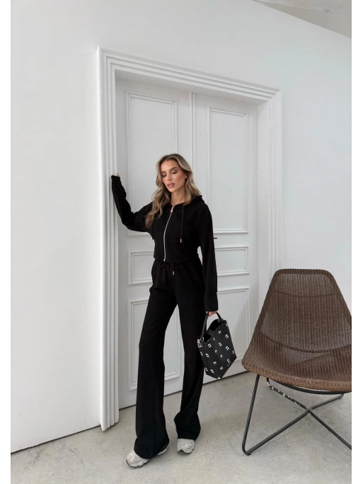 SELANİK KUMAŞ FERMUARLI KAPÜŞONLU HIRKA VE PANTOLONLU İKİLİ TAKIM SİYAH MNS-3010