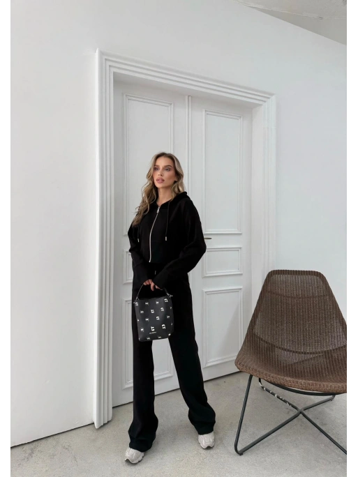 SELANİK KUMAŞ FERMUARLI KAPÜŞONLU HIRKA VE PANTOLONLU İKİLİ TAKIM SİYAH MNS-3010