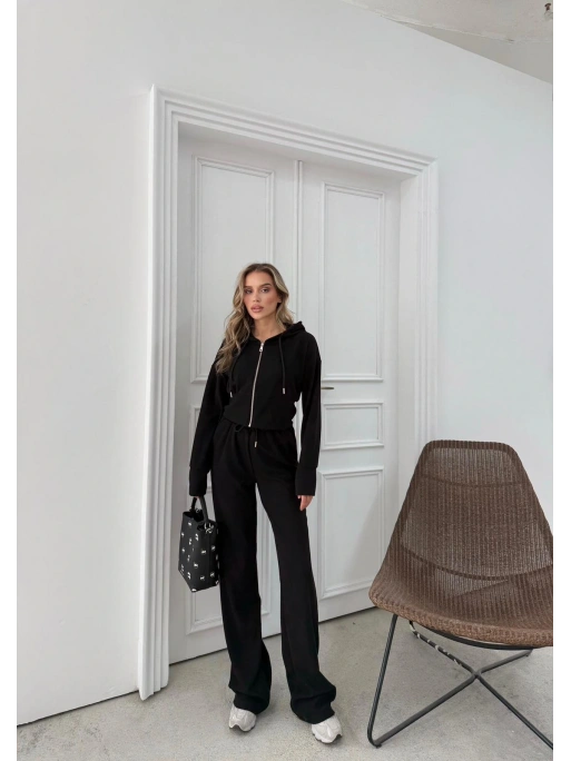 SELANİK KUMAŞ FERMUARLI KAPÜŞONLU HIRKA VE PANTOLONLU İKİLİ TAKIM SİYAH MNS-3010