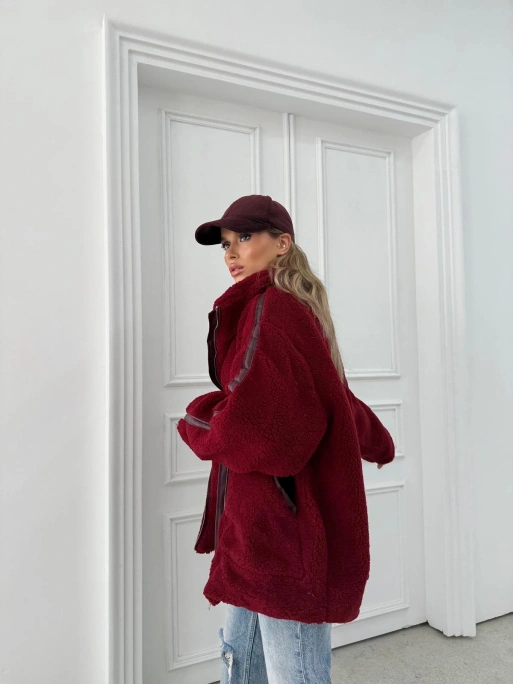 ŞERİT DETAY İÇ ASTARLI OVERSİZE TEDDY MONT BORDO
