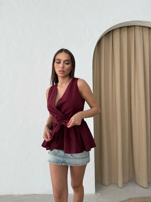 SIFIR KOL BEL KUŞAK BAGLAMA DETAY GÖMLEK BORDO