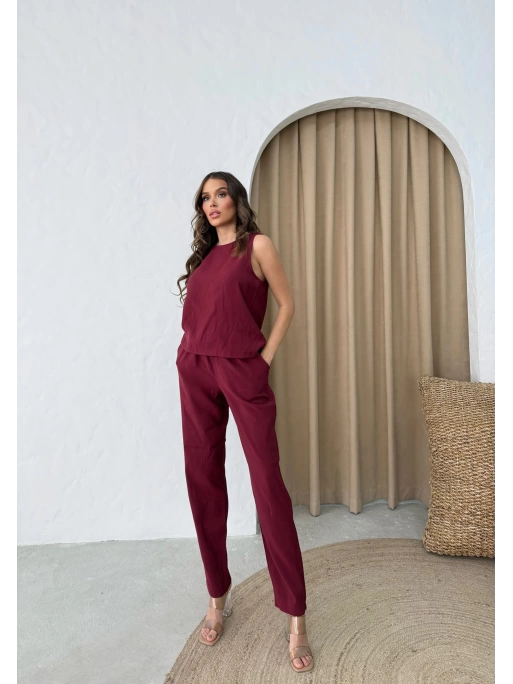 SIFIR KOL BLUZ VE PANTOLONLU AYROBİN İKİLİ TAKIM BORDO