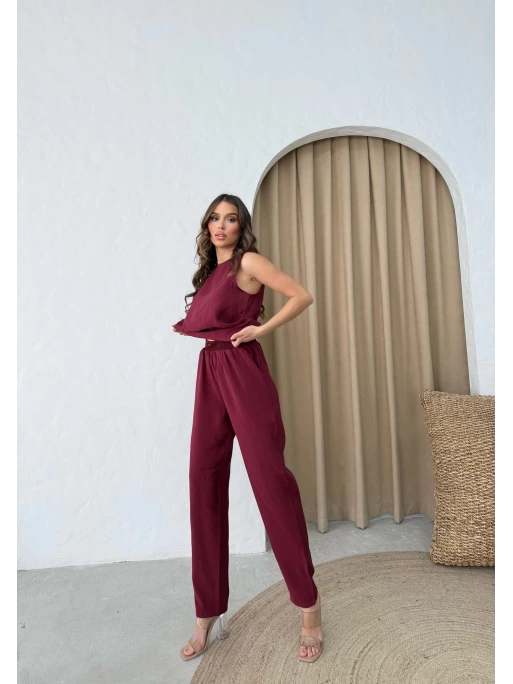 SIFIR KOL BLUZ VE PANTOLONLU AYROBİN İKİLİ TAKIM BORDO
