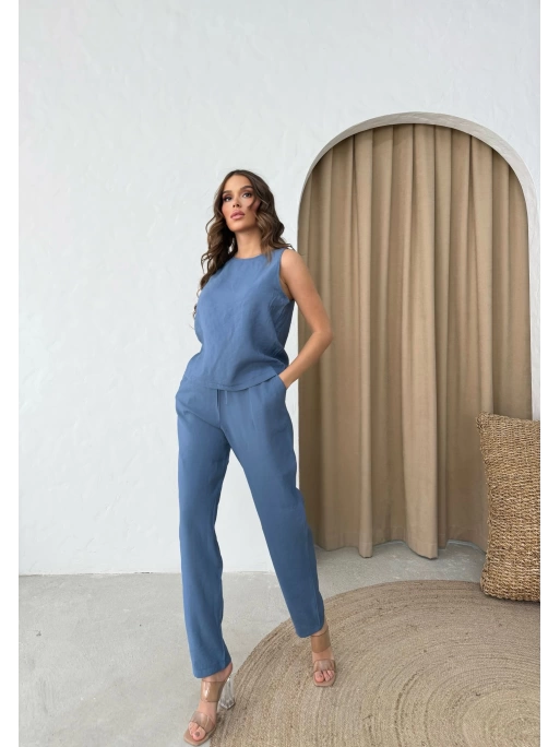 SIFIR KOL BLUZ VE PANTOLONLU İKİLİ TAKIM MAVİ