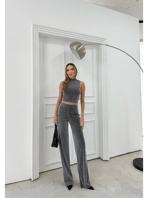 SIFIR KOL BLUZ VE PANTOLONLU SİMLİ İKİLİ TAKIM GRİ