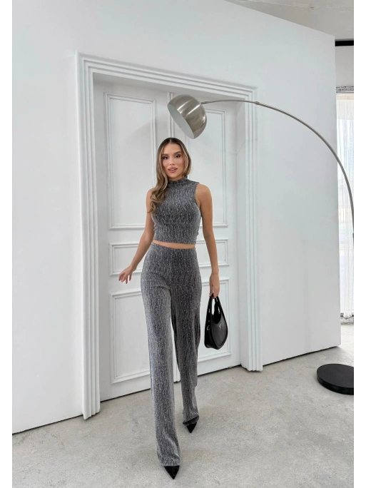 SIFIR KOL BLUZ VE PANTOLONLU SİMLİ İKİLİ TAKIM GRİ