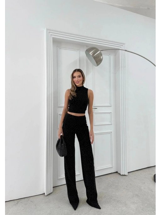 SIFIR KOL BLUZ VE PANTOLONLU SİMLİ İKİLİ TAKIM SİYAH