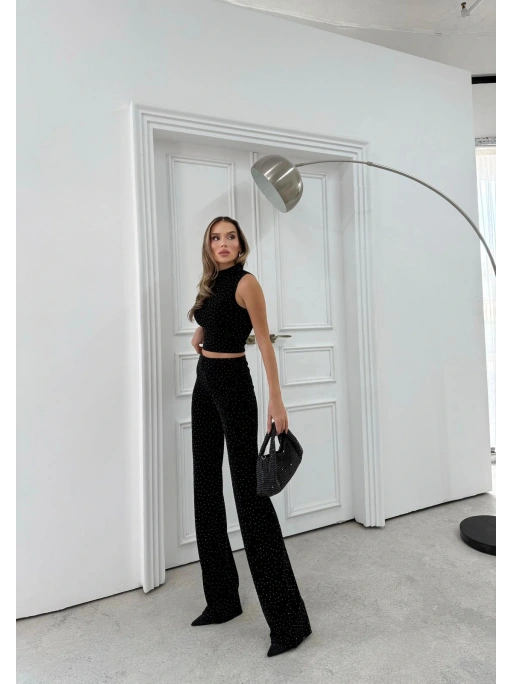 SIFIR KOL BLUZ VE PANTOLONLU SİMLİ İKİLİ TAKIM SİYAH