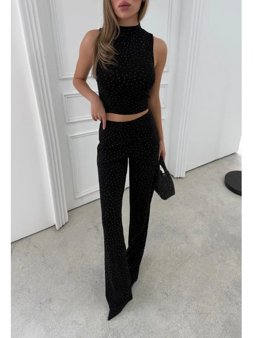 SIFIR KOL BLUZ VE PANTOLONLU SİMLİ İKİLİ TAKIM SİYAH