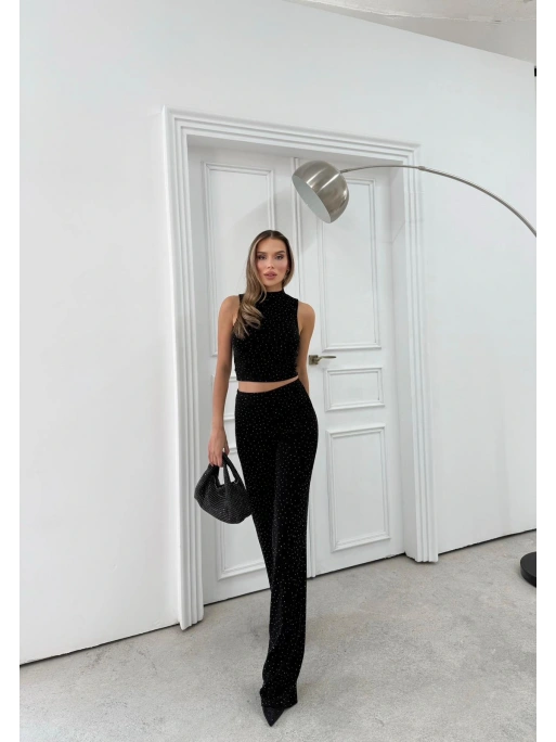 SIFIR KOL BLUZ VE PANTOLONLU SİMLİ İKİLİ TAKIM SİYAH