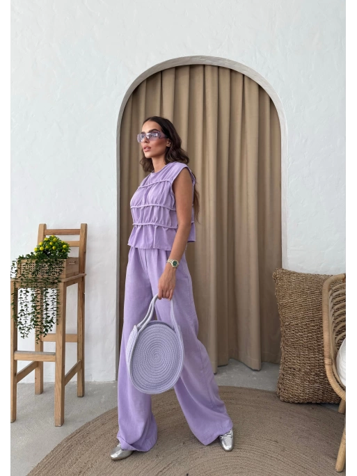 SIFIR KOL DİKİŞ DETAY BLUZ VE PANTOLONLU KETEN İKİLİ TAKIM LİLA