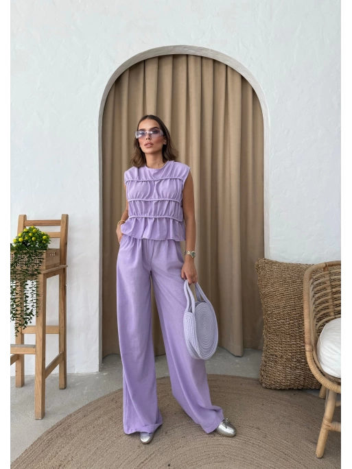 SIFIR KOL DİKİŞ DETAY BLUZ VE PANTOLONLU KETEN İKİLİ TAKIM LİLA