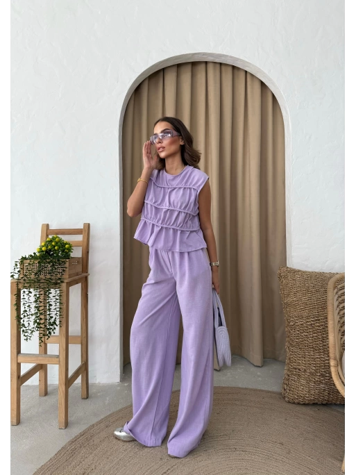 SIFIR KOL DİKİŞ DETAY BLUZ VE PANTOLONLU KETEN İKİLİ TAKIM LİLA