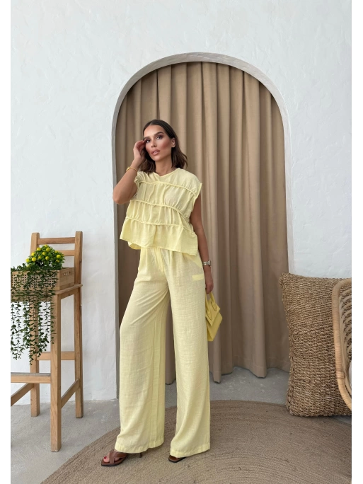 SIFIR KOL DİKİŞ DETAY BLUZ VE PANTOLONLU KETEN İKİLİ TAKIM SARI