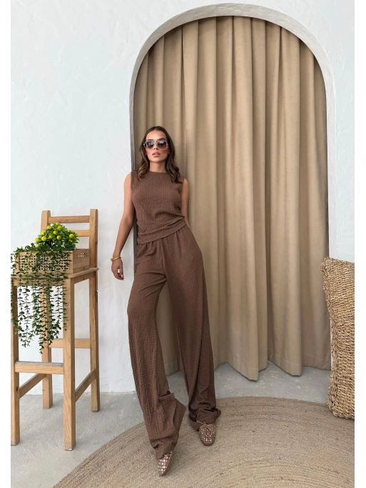 SIFIR KOL DRAPELİ BLUZ VE PANTOLONLU GOFRE İKİLİ TAKIM KAHVE