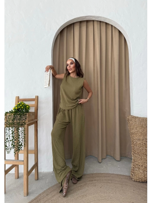 SIFIR KOL DRAPELİ BLUZ VE PANTOLONLU GOFRE İKİLİ TAKIM YEŞİL