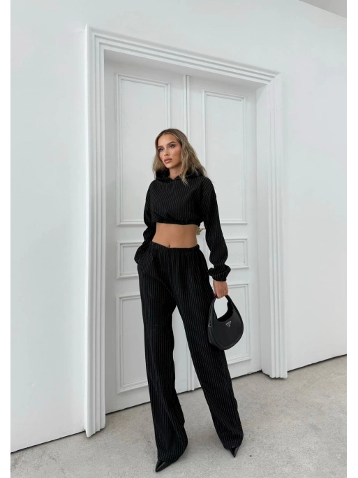 SİMLİ KAPÜŞONLU SWEAT VE PANTOLON İKİLİ TAKIM SİYAH