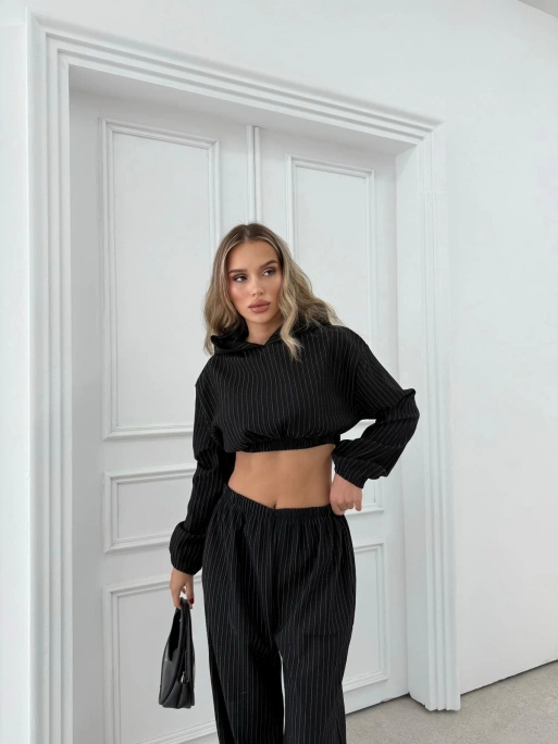 SİMLİ KAPÜŞONLU SWEAT VE PANTOLON İKİLİ TAKIM SİYAH