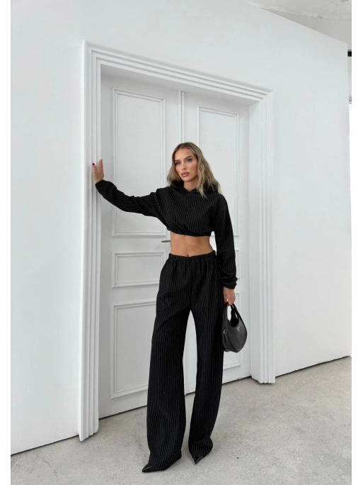 SİMLİ KAPÜŞONLU SWEAT VE PANTOLON İKİLİ TAKIM SİYAH