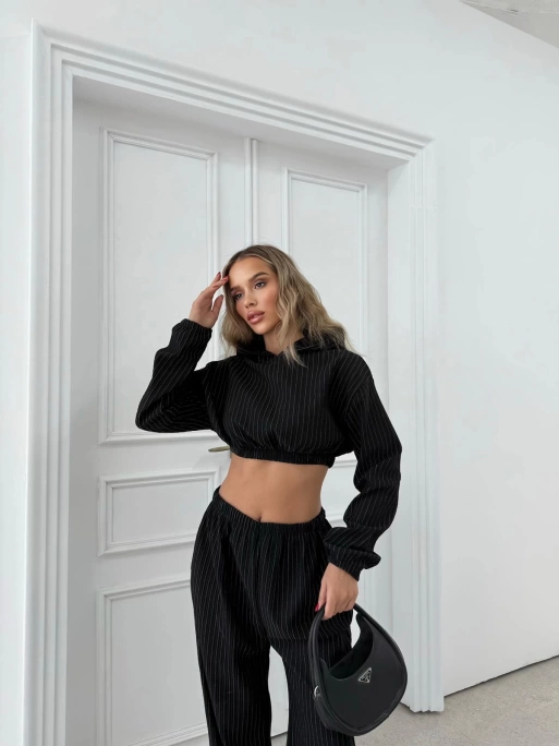 SİMLİ KAPÜŞONLU SWEAT VE PANTOLON İKİLİ TAKIM SİYAH