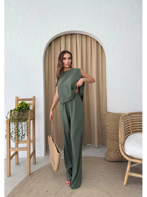 SIRT BAGLAMA DETAY BLUZ VE PANTOLONLU İKİLİ ÇİLEK TAKIM HAKİ