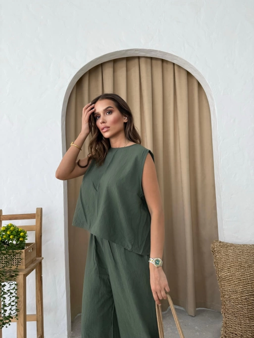 SIRT BAGLAMA DETAY BLUZ VE PANTOLONLU İKİLİ ÇİLEK TAKIM HAKİ