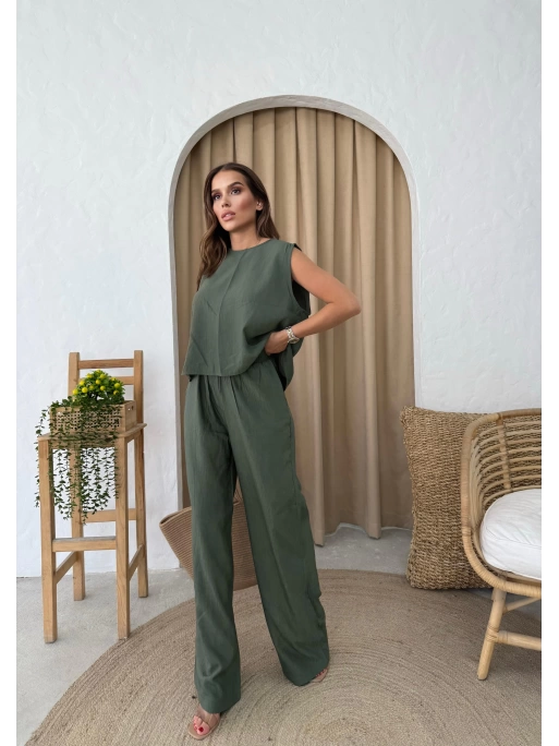 SIRT BAGLAMA DETAY BLUZ VE PANTOLONLU İKİLİ ÇİLEK TAKIM HAKİ
