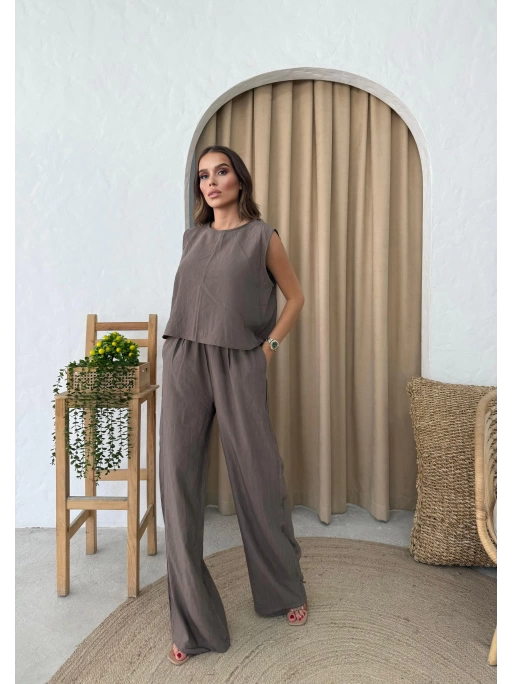 SIRT BAGLAMA DETAY BLUZ VE PANTOLONLU İKİLİ ÇİLEK TAKIM KAHVE