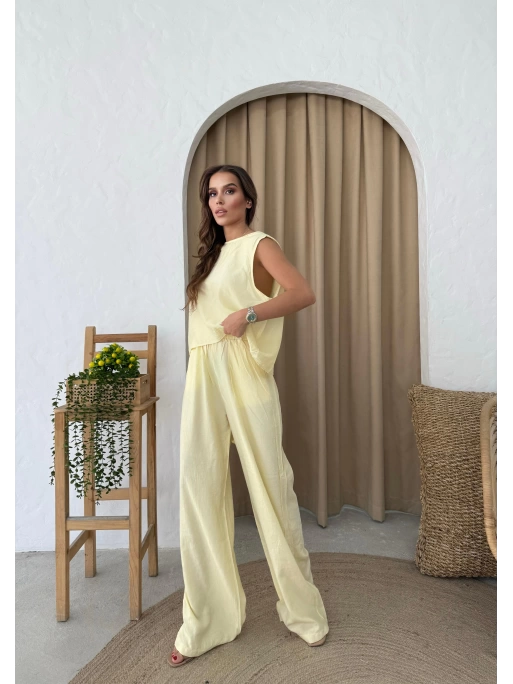 SIRT BAGLAMA DETAY BLUZ VE PANTOLONLU İKİLİ ÇİLEK TAKIM SARI