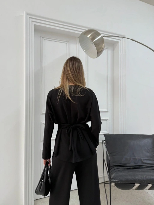 SIRT BAĞLAMA DETAY BLUZ VE PANTOLONLU MODAL İKİLİ TAKIM SİYAH